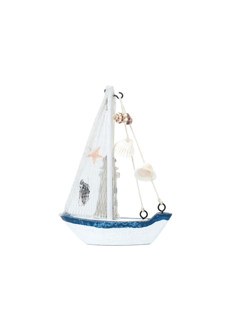 EAZYWAGON Mini Wooden Sailboat Model Decoration Small Size Dark BlueLight House beach BLUE mediterranean home desk decor wood craft sculpture sail boat ship model  - Image 2