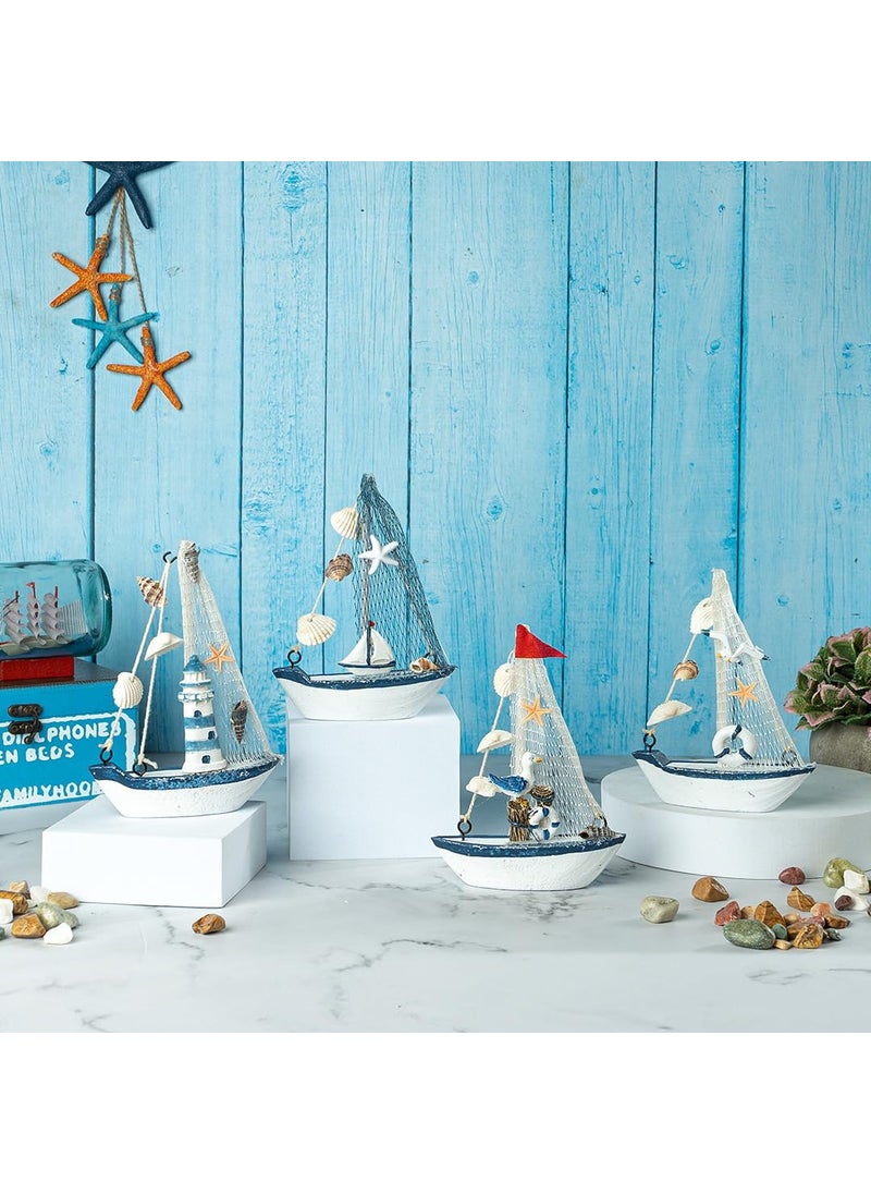 EAZYWAGON Mini Wooden Sailboat Model Decoration Small Size Dark BlueLight House beach BLUE mediterranean home desk decor wood craft sculpture sail boat ship model  - Image 5
