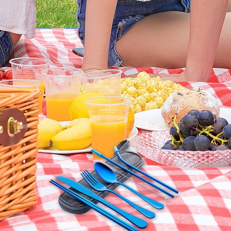 OASMU Travel Utensils Set with Case Reusable Portable Cutlery Set Stainless Steel 8pcs Including Dinner Knife Fork Spoon Chopsticks straws(Blue) - Image 4