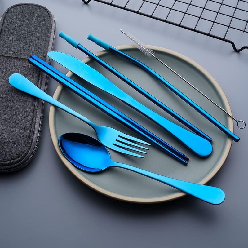OASMU Travel Utensils Set with Case Reusable Portable Cutlery Set Stainless Steel 8pcs Including Dinner Knife Fork Spoon Chopsticks straws(Blue) - Image 2