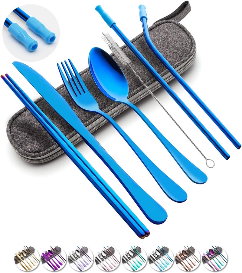 OASMU Travel Utensils Set with Case Reusable Portable Cutlery Set Stainless Steel 8pcs Including Dinner Knife Fork Spoon Chopsticks straws(Blue) - Image 1