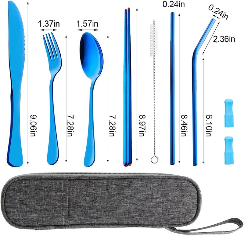 OASMU Travel Utensils Set with Case Reusable Portable Cutlery Set Stainless Steel 8pcs Including Dinner Knife Fork Spoon Chopsticks straws(Blue) - Image 3
