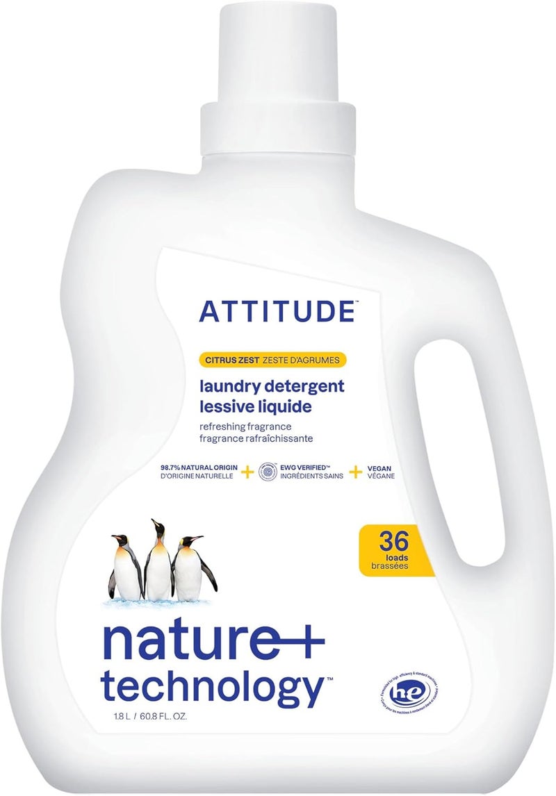 ATTITUDE Citrus Zest Liquid Laundry Detergent - Plant-Based, Vegan, 36 Loads, 60.8 Fl Oz - Image 1