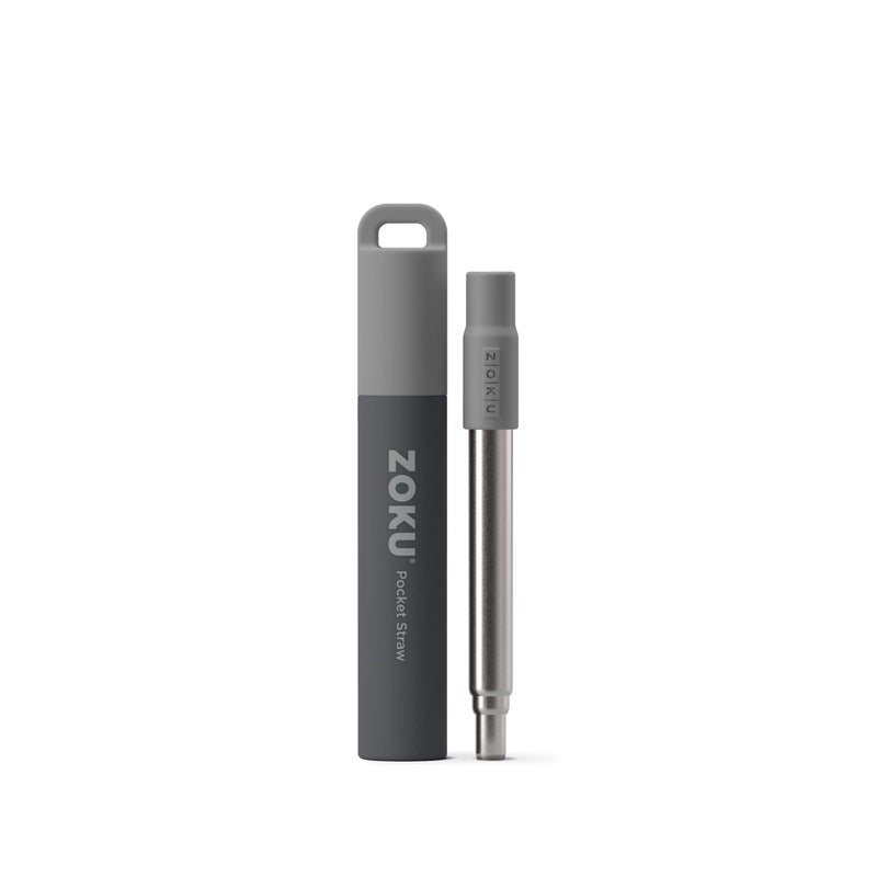 ZOKU ZOKU Reusable Metal Straw with Case for Travel Grey  Collapsible Stainless Steel Drinking Straw with Silicone Tip and Cleaner Brush Ideal for Key Chains Pockets Purses