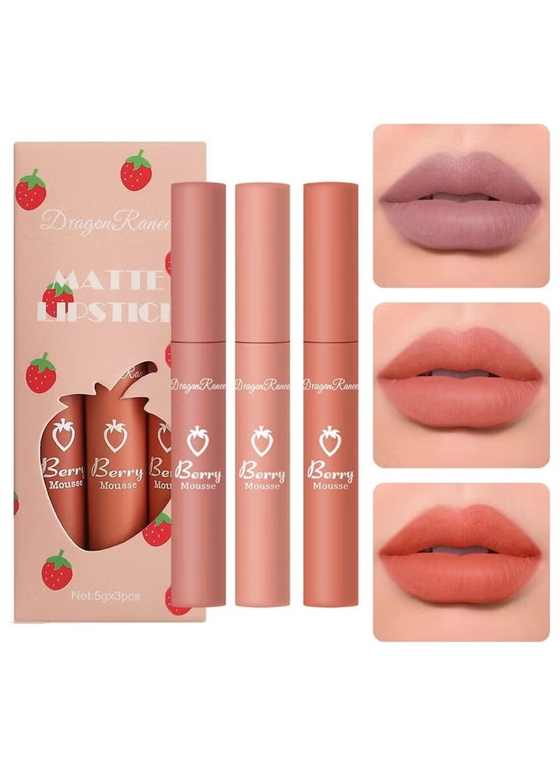 Dragon Ranee 3 Piece Nude Matte Lipstick Set - Velvet Smooth & Moisturizing Long Lasting Lip Crayon, Waterproof Lip Gloss for Women, Natural Nude Lip Stain Makeup, Set A - Image 1