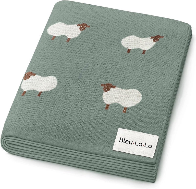 Bleu La La بطانية لف أطفال محبوكة - 100% قطن ناعمة دافئة ومريحة لف استقبال عربة أطفال هديفة لسجل هدايا الاستحمام للمواليد الجدد والرضع والأطفال الصغار (خروف - أخضر مرعى) - Image 1