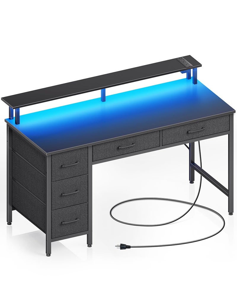 Seventable Computer Desk with Power Outlets  LED Light 47 inch Home Office Desk with 5 Drawers Writing Desk with Monitor Stand Work Desk for Home Office Black