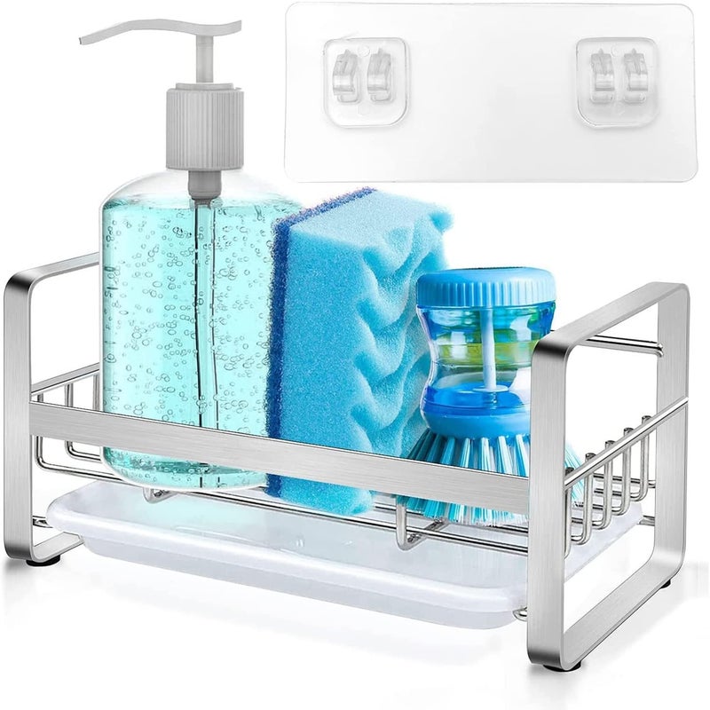 Wuudi Kitchen Organiser Sink with Removable Drain Tray Stainless Steel Sponge HolderTidy Rack Sink Caddy