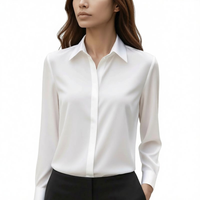 Long Sleeve Satin Blouse Turn-Down Collar Women's Shirt - Image 2