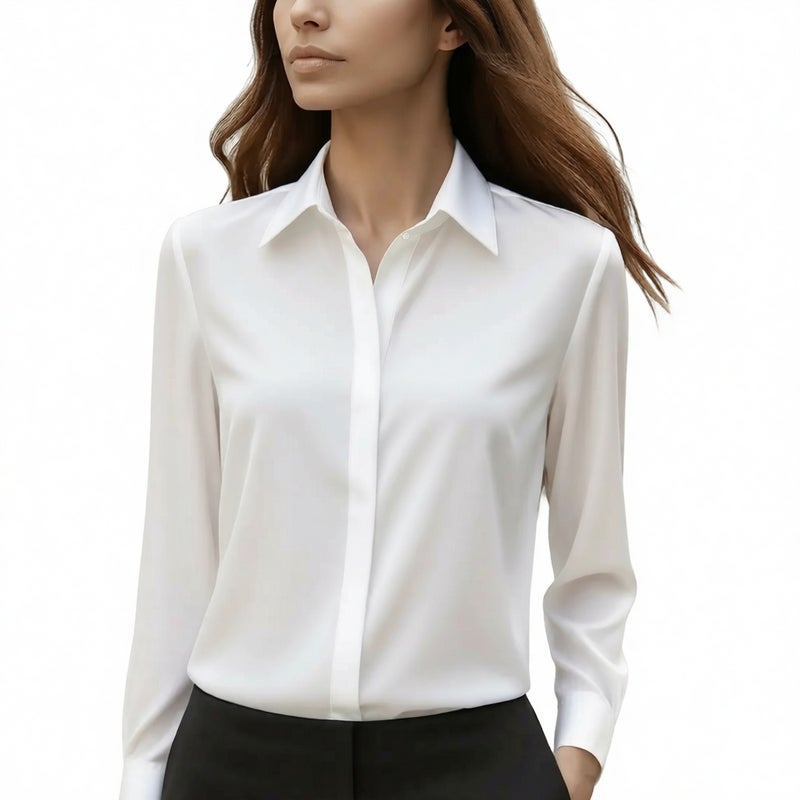 Long Sleeve Satin Blouse Turn-Down Collar Women's Shirt - Image 1