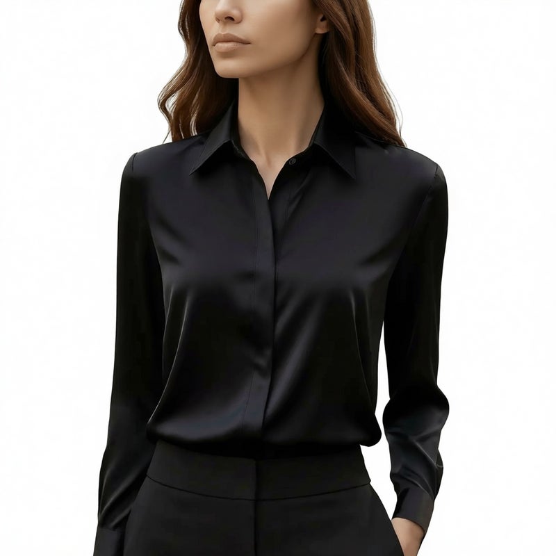 Long Sleeve Satin Blouse Turn-Down Collar Women's Shirt - Image 4