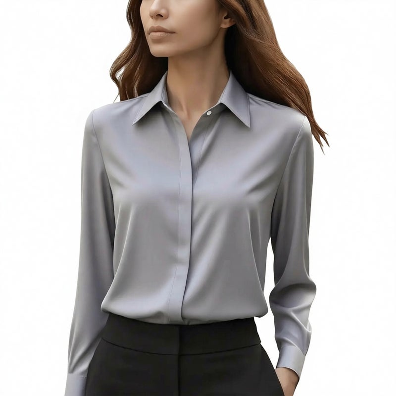 Long Sleeve Satin Blouse Turn-Down Collar Women's Shirt - Image 3