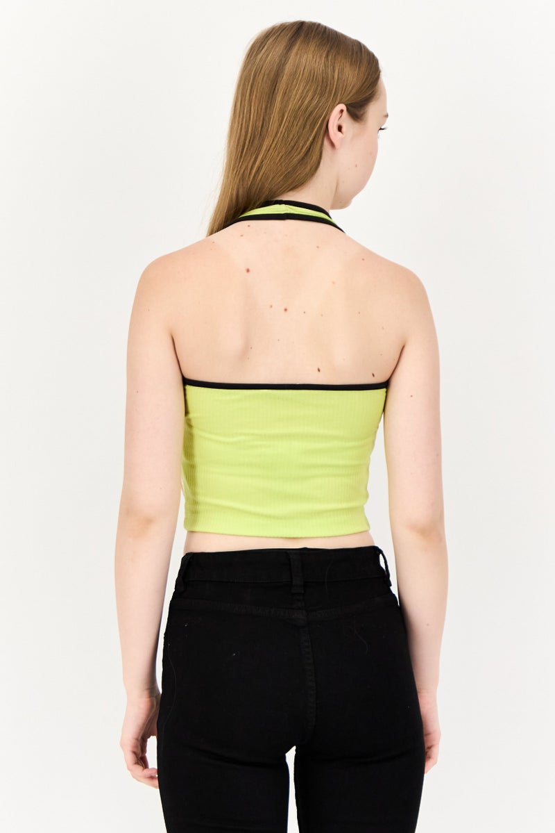 ONLY Women Halter Neck Sleeveless Ribbed Crop Top, Sulphur Green - Image 3