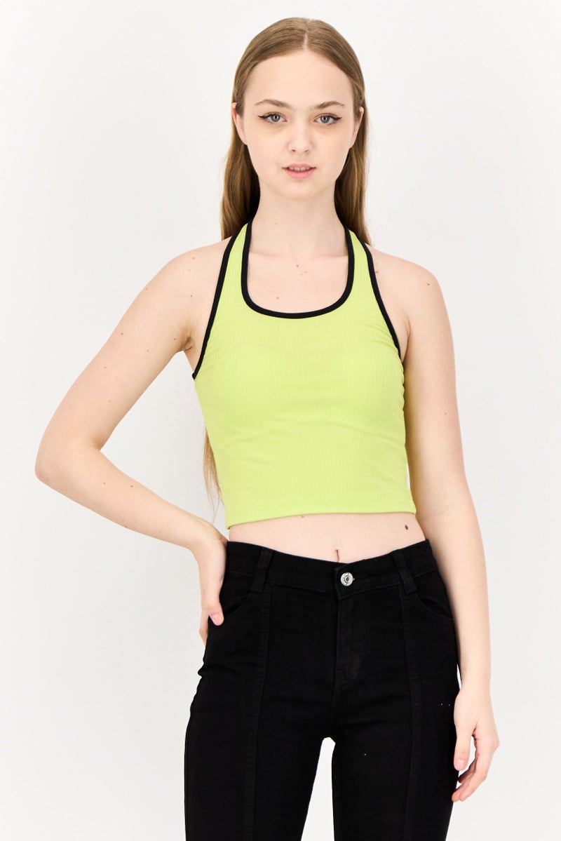 ONLY Women Halter Neck Sleeveless Ribbed Crop Top, Sulphur Green - Image 1