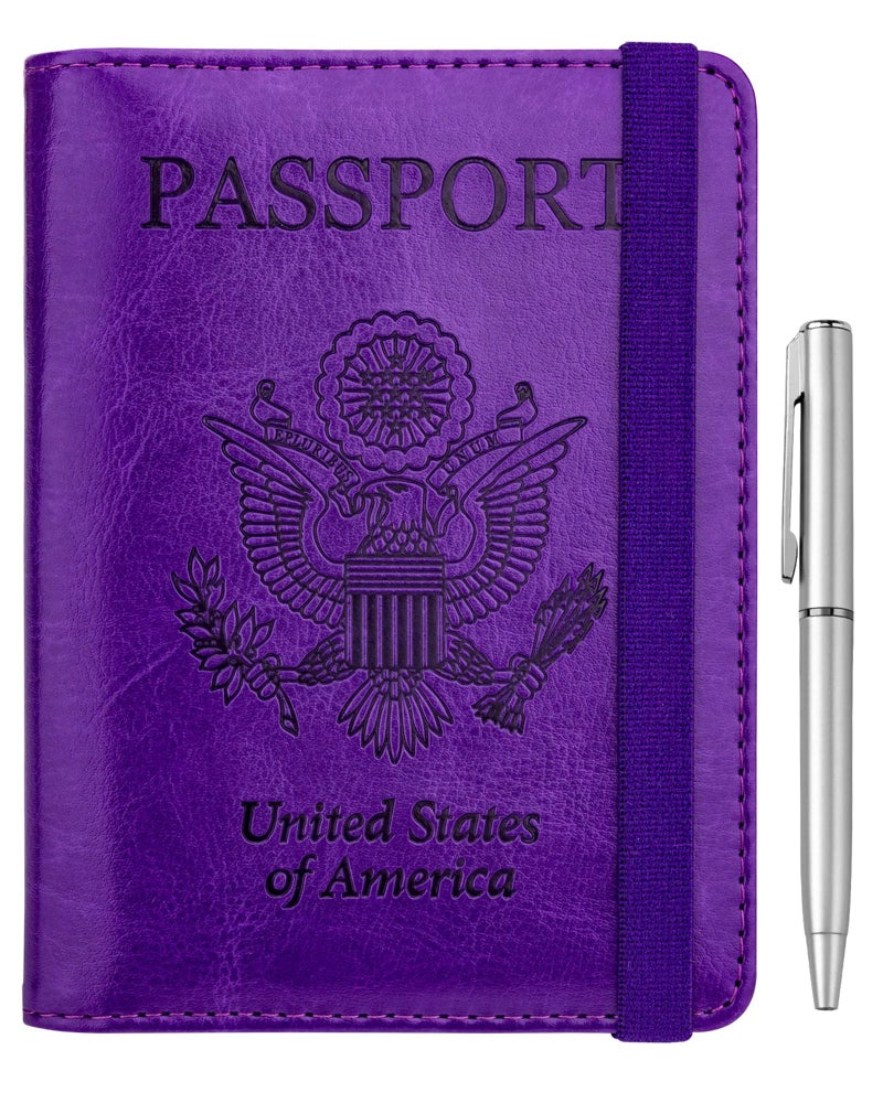 WALNEW Passport Holder for Travel, RFID Passport Cover Wallet for Women Men, PU Leather Passport Book Card Holder Case with Pen (Elastic Band Closure, A-Purple) - Image 1