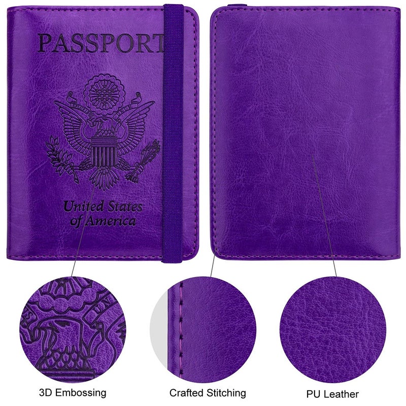 WALNEW Passport Holder for Travel, RFID Passport Cover Wallet for Women Men, PU Leather Passport Book Card Holder Case with Pen (Elastic Band Closure, A-Purple) - Image 4