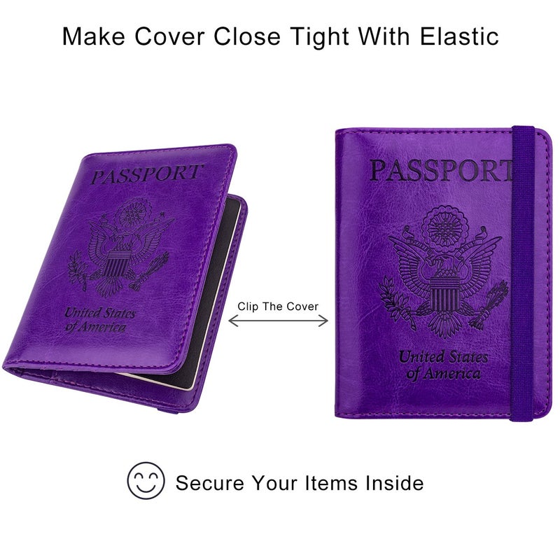 WALNEW Passport Holder for Travel, RFID Passport Cover Wallet for Women Men, PU Leather Passport Book Card Holder Case with Pen (Elastic Band Closure, A-Purple) - Image 5