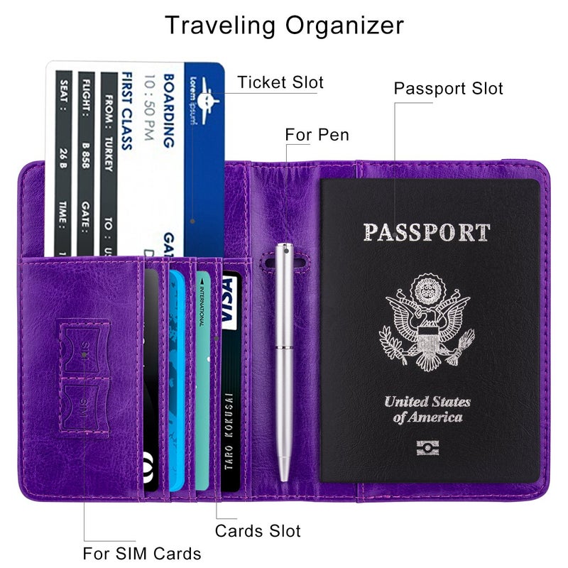 WALNEW Passport Holder for Travel, RFID Passport Cover Wallet for Women Men, PU Leather Passport Book Card Holder Case with Pen (Elastic Band Closure, A-Purple) - Image 3