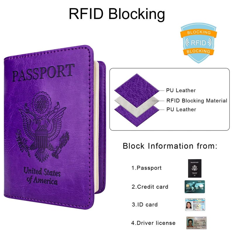 WALNEW Passport Holder for Travel, RFID Passport Cover Wallet for Women Men, PU Leather Passport Book Card Holder Case with Pen (Elastic Band Closure, A-Purple) - Image 2