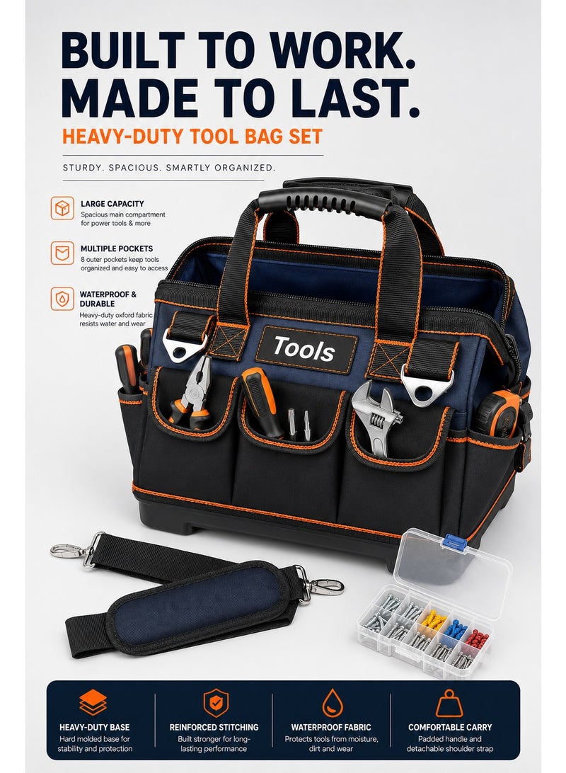 18-Inch Heavy Duty Tool Bag Set – Large Waterproof Oxford Fabric Tool Organizer with Hard Plastic Base, 8 Outer Pockets, Removable Shoulder Strap & Mini Organizer Box - Image 5