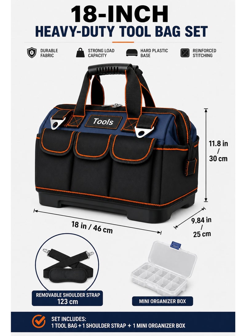 18-Inch Heavy Duty Tool Bag Set – Large Waterproof Oxford Fabric Tool Organizer with Hard Plastic Base, 8 Outer Pockets, Removable Shoulder Strap & Mini Organizer Box - Image 4