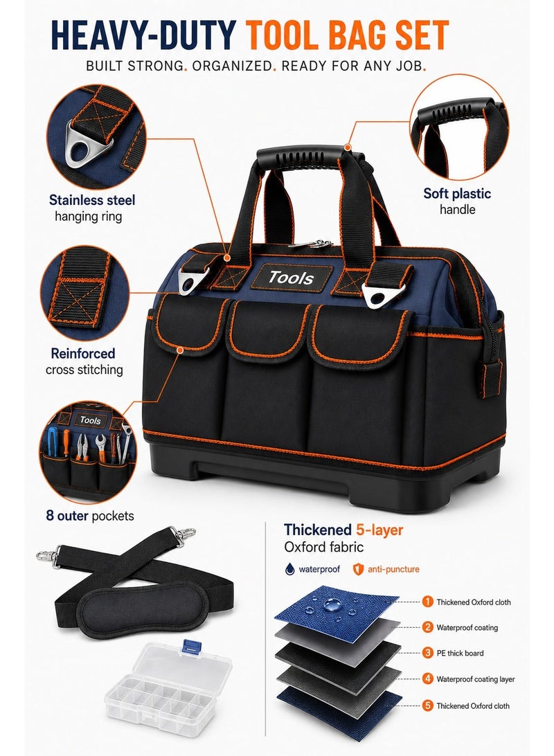 18-Inch Heavy Duty Tool Bag Set – Large Waterproof Oxford Fabric Tool Organizer with Hard Plastic Base, 8 Outer Pockets, Removable Shoulder Strap & Mini Organizer Box - Image 2