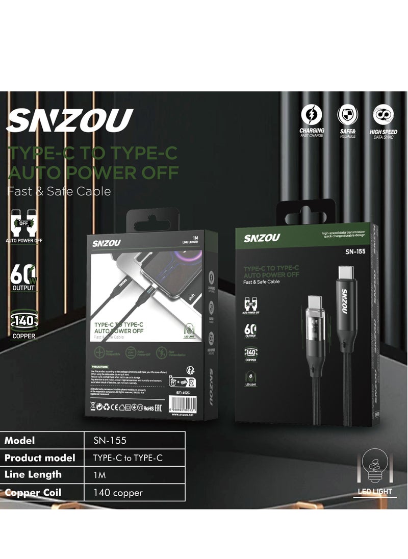 Snzou SpeedSync 27W Type-C to Lightning Cable The SN-156 Data Cable provides up to 27W PD fast charging for Apple devices. It includes an auto power-off feature, LED indicator, and reinforced 140 copper core for efficient power management.
