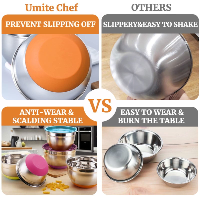 Umite Chef Mixing Bowls with Airtight Lids, 6 Piece Stainless Steel Metal Bowls, Measurement Marks & Colorful Non-Slip Bottoms Size 7, 3.5, 2.5, 2.0,1.5, 1QT, Great for Mixing & Serving - Image 2