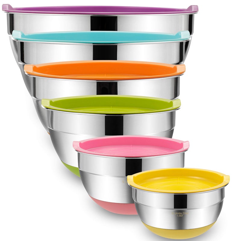 Umite Chef Mixing Bowls with Airtight Lids, 6 Piece Stainless Steel Metal Bowls, Measurement Marks & Colorful Non-Slip Bottoms Size 7, 3.5, 2.5, 2.0,1.5, 1QT, Great for Mixing & Serving - Image 1