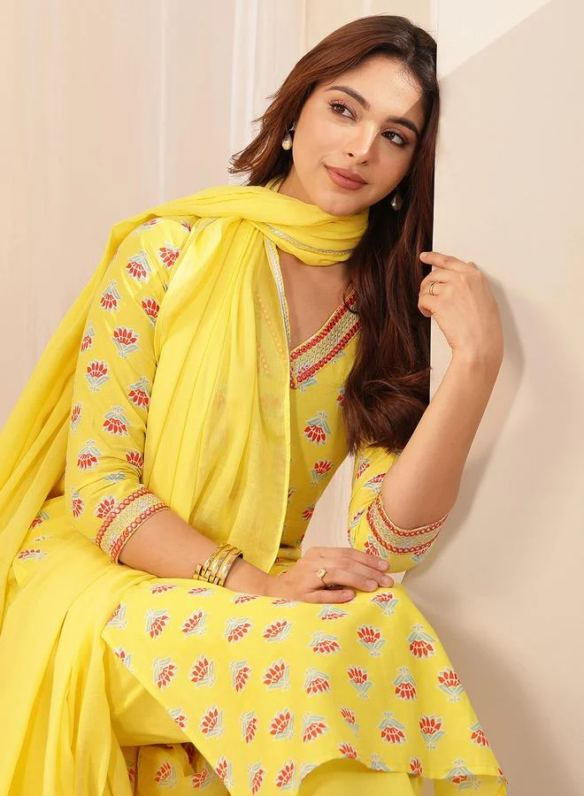 Libas Yellow Printed Cotton Straight Kurta, Trousers And Dupatta Set