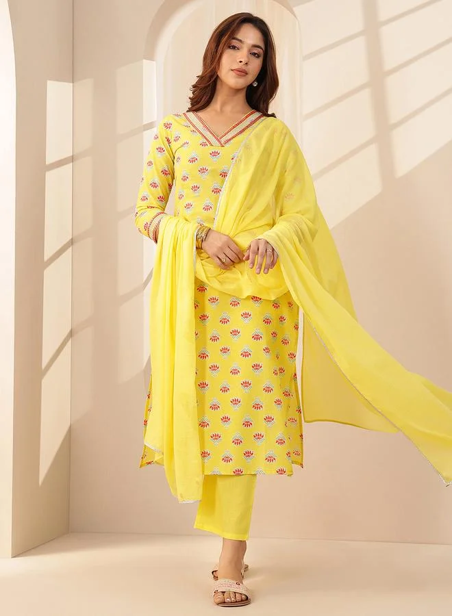 Libas Yellow Printed Cotton Straight Kurta, Trousers And Dupatta Set