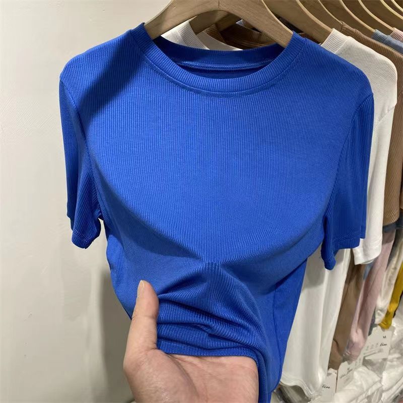 Luxury Solid Color Mask T-Shirt Slim Fit Summer Tee for Women peacock blue