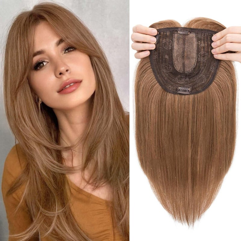 S-noilite 14inch Hair Toppers for Women with Fringe Bang Long Straight Hair Pieces for Women with Thinning Hair Clip in Hair Topper Highlight Synthetic Wig Add Hair Volume Brown Mixed Blonde