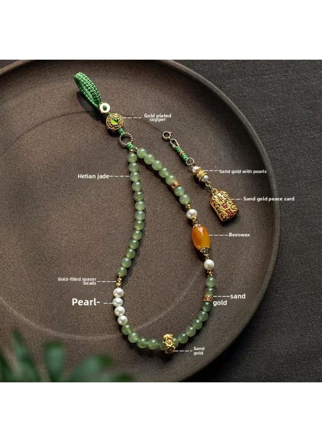 Generic - Mobile Phone Chain Hetian Jade Sands Gold Accessories Decoration Beeswax Bag Pendant Chalcedony Gift Girl Mother's Day High-end-规格:蜜蜡款手机链 - Image 1