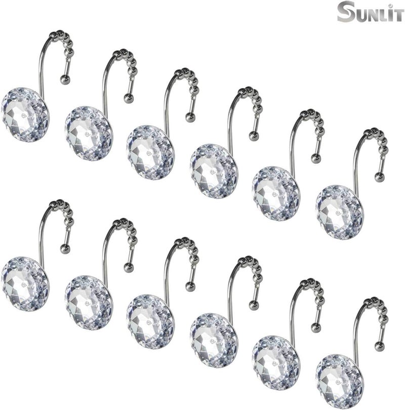 Sunlit Luxury Design Round Clear Diamond Crystal Gem Bling with Glide Balls Shower Curtain Hooks, Rust Proof Metal Rhinestones Glam Shower Curtain Rings-12 Pack - Image 3