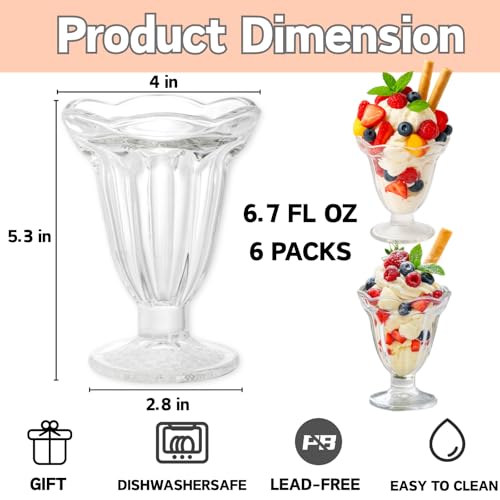 ZENFUN 6 Pack Glass Tulip Sundae Cups, 6.7 Ounce Clear Milkshakes Footed Ice Cream Cups Dessert Bowls Set for Sherbet Trifle, Fruit, Salad, Snack, Cocktail - Image 2