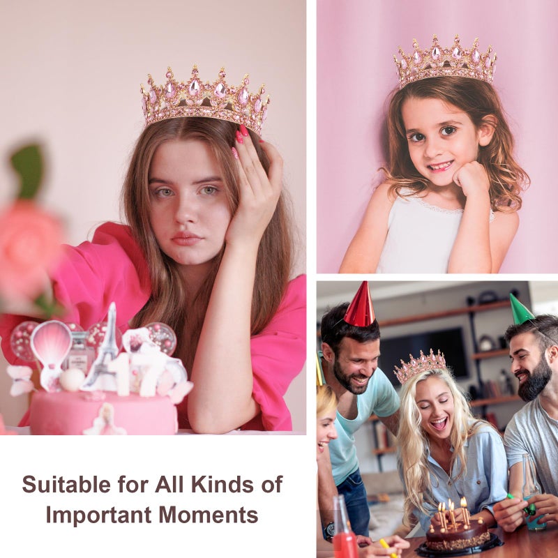 CAVETEE Crystal Crowns for Women Full Round Queen Tiara for Women Bridal Wedding Prom Princess Birthday Decorations Birthday Crown Cake Topper (Pink) - Image 5