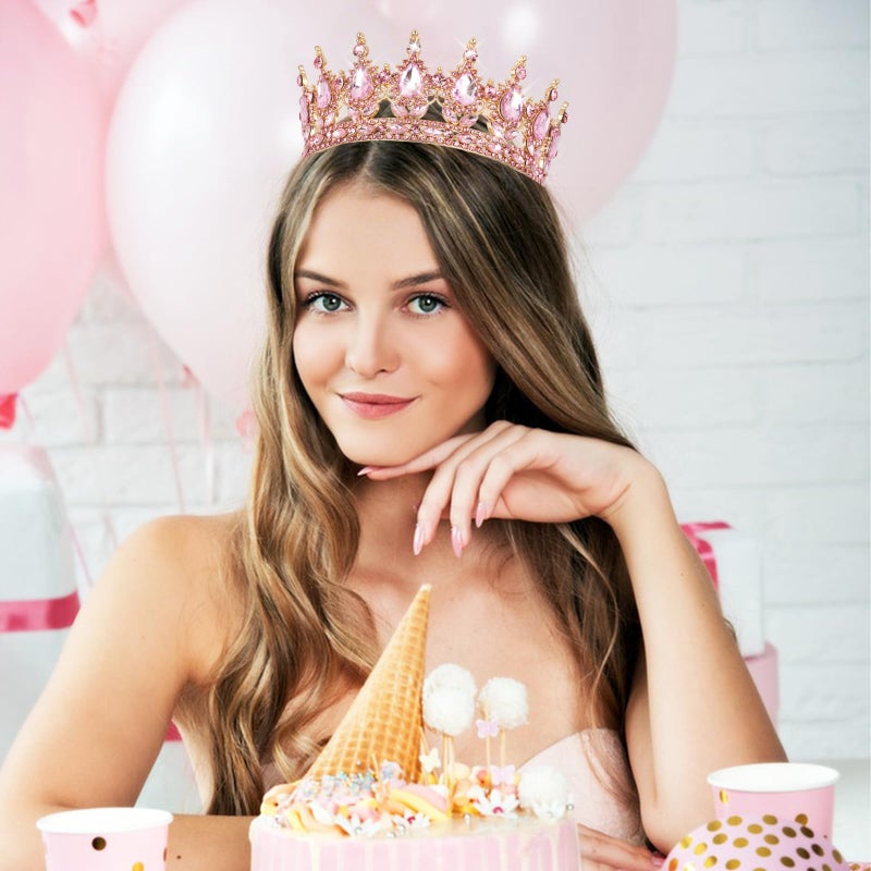 CAVETEE Crystal Crowns for Women Full Round Queen Tiara for Women Bridal Wedding Prom Princess Birthday Decorations Birthday Crown Cake Topper (Pink) - Image 3