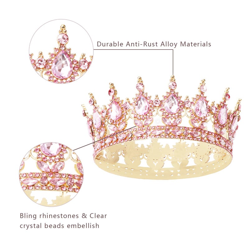 CAVETEE Crystal Crowns for Women Full Round Queen Tiara for Women Bridal Wedding Prom Princess Birthday Decorations Birthday Crown Cake Topper (Pink) - Image 4