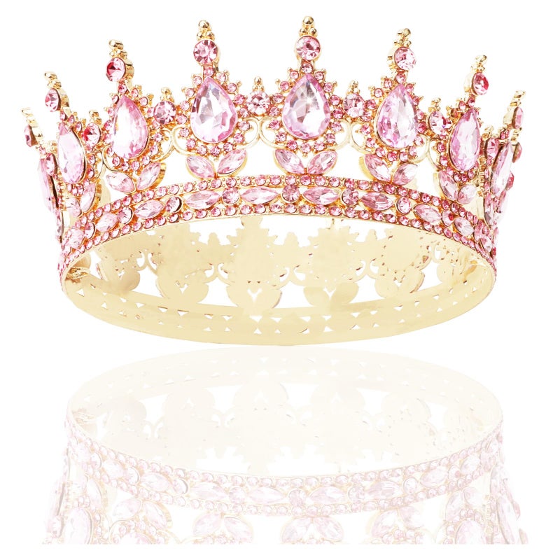 CAVETEE Crystal Crowns for Women Full Round Queen Tiara for Women Bridal Wedding Prom Princess Birthday Decorations Birthday Crown Cake Topper (Pink) - Image 1