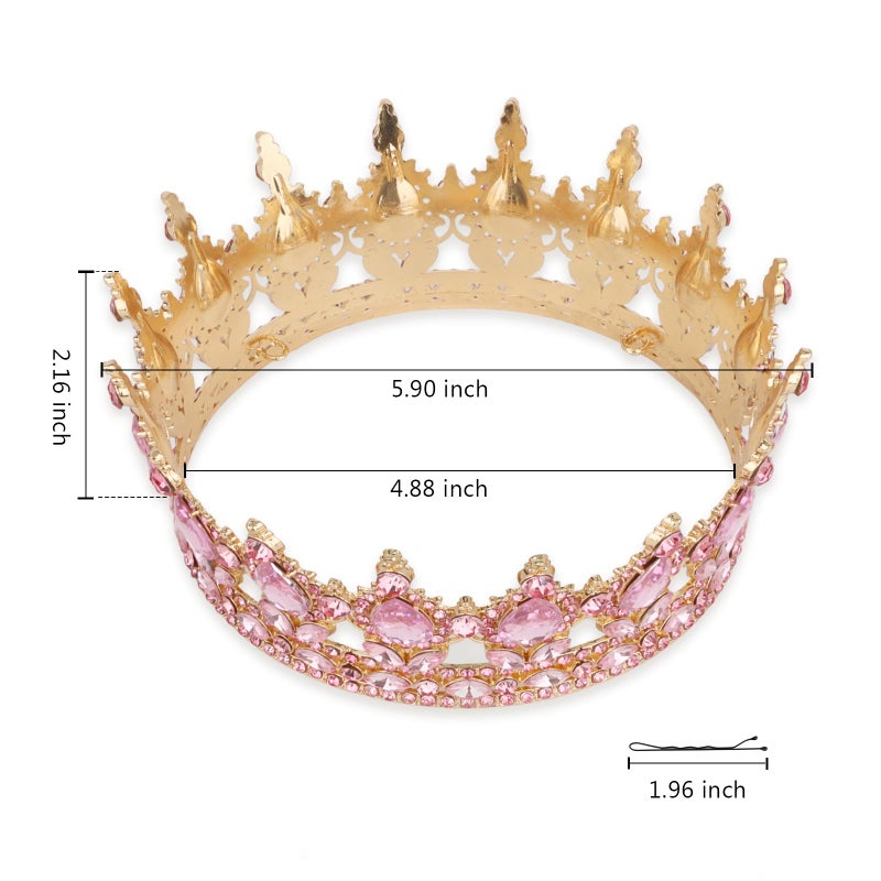 CAVETEE Crystal Crowns for Women Full Round Queen Tiara for Women Bridal Wedding Prom Princess Birthday Decorations Birthday Crown Cake Topper (Pink) - Image 2