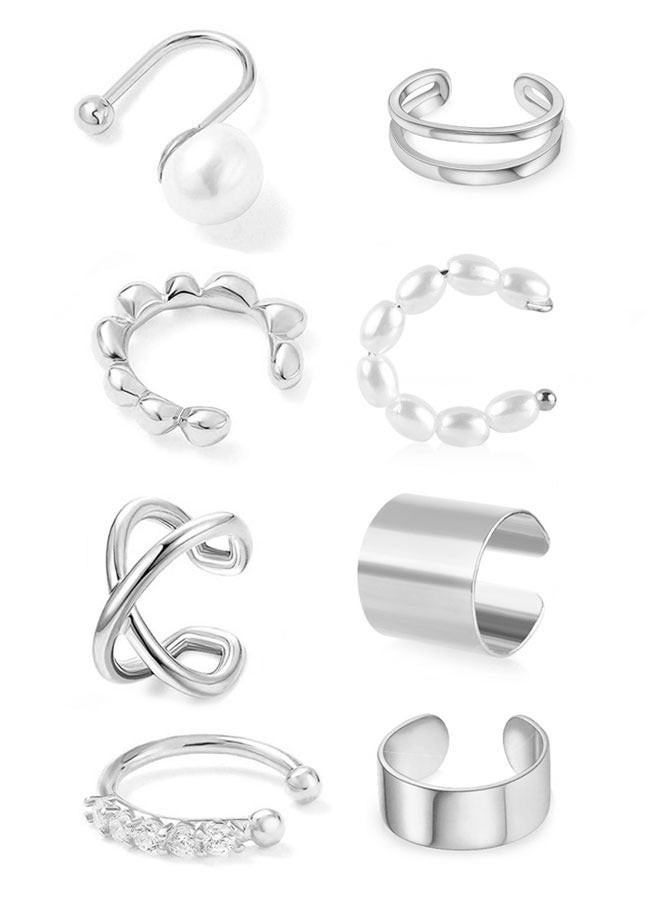 وهاواي 8 Various Non Piercing Earrings Hoop  Styles Stainless Steel Fake Ear Clips Set Ear Cuffs Helix Cartilage Clip on Earrings Set for Men Women, silver - Image 1