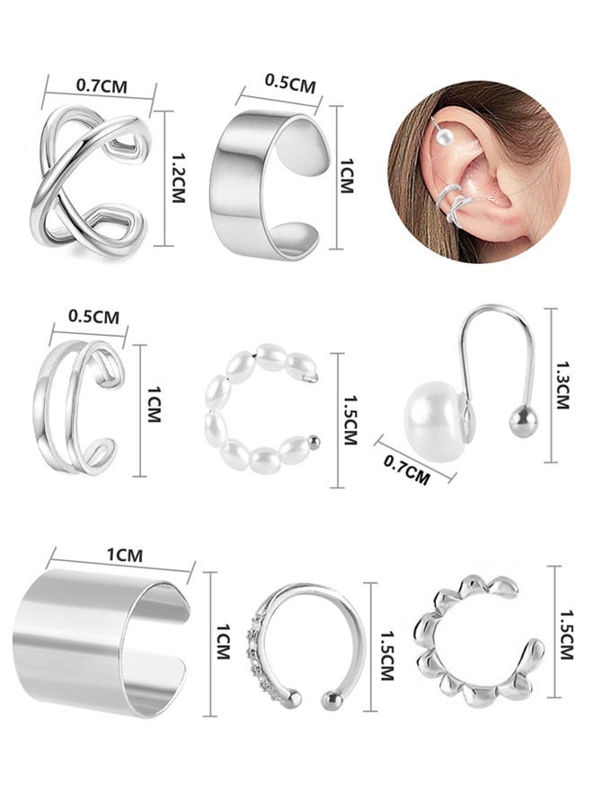 وهاواي 8 Various Non Piercing Earrings Hoop  Styles Stainless Steel Fake Ear Clips Set Ear Cuffs Helix Cartilage Clip on Earrings Set for Men Women, silver - Image 2