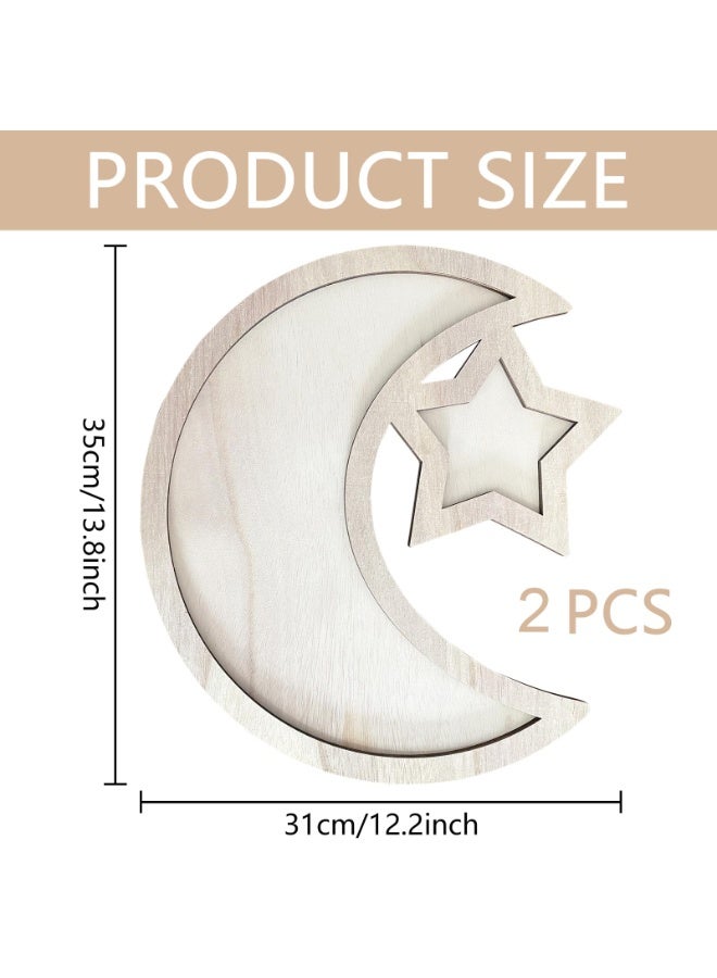صينية رمضان، 2pcs خشبية قمر ونجمة المعجنات صينية عيد مبارك طاولة ديكور لوحة، مطبخ الفواكه وجبة خفيفة صينية، الطعام يقدم عيد مبارك لوحات للأغذية الفواكه وجبة خفيفة الحلوى حام - view 2