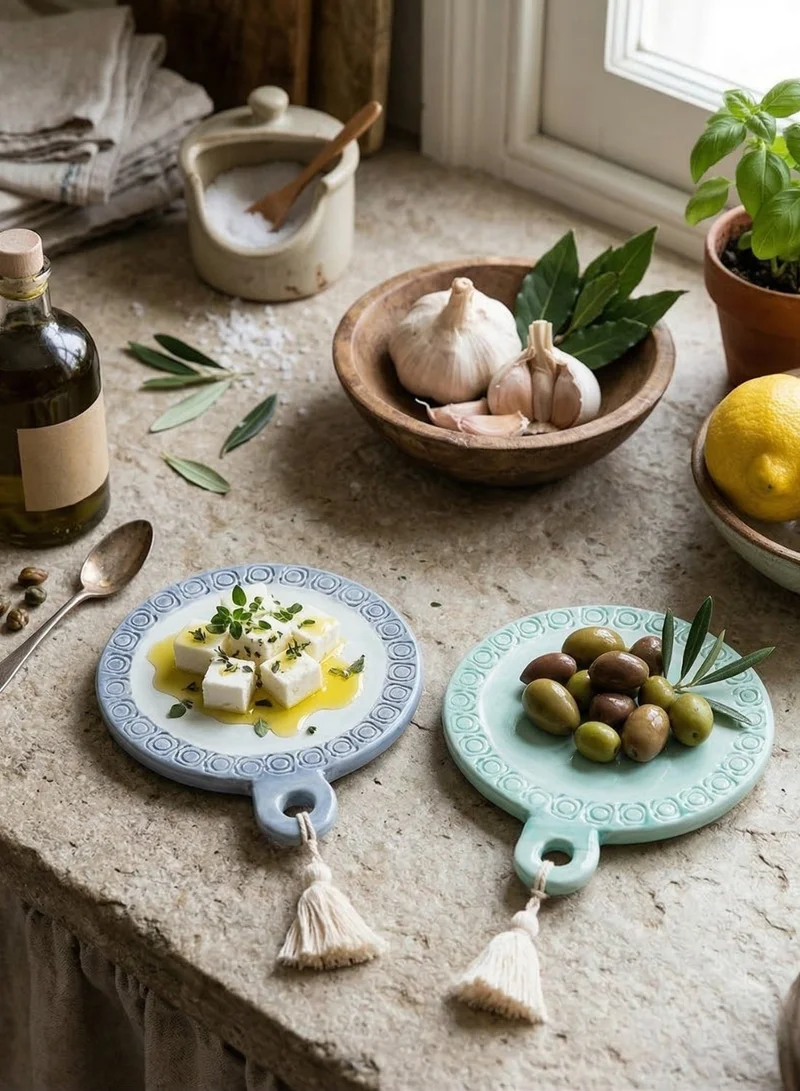 سوق الزعفران طبق تقديم من الفخار الحجري على الطراز المتوسطي (دائري)