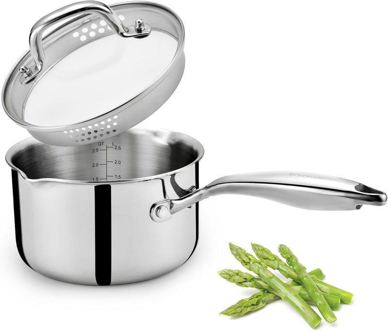 Cyrosa 2.0 Quart Saucepan with Lid, Stainless Steel Sauce Pot with Strainer Lid, Two Side Spouts for Easy Pour with Ergonomic Handle, Dishwasher Safe - Image 1