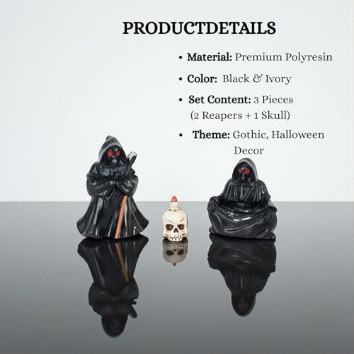 ascension Grim Reaper Figurines Set with Skull and Black Hooded Reaper Statues with Red Eyes for Halloween Table Décor, Spooky Miniature Collectible Ornaments for Home, Desk, or Party Decoration - Image 4