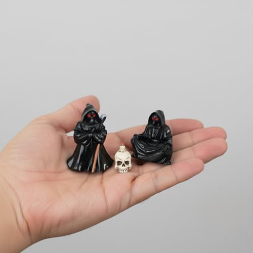 ascension Grim Reaper Figurines Set with Skull and Black Hooded Reaper Statues with Red Eyes for Halloween Table Décor, Spooky Miniature Collectible Ornaments for Home, Desk, or Party Decoration - Image 3