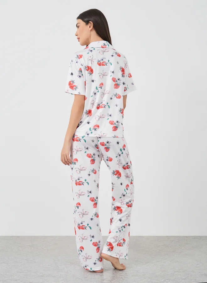 Styli Styli Strawberry Printed Short Sleeve Shirt and Pyjama Set