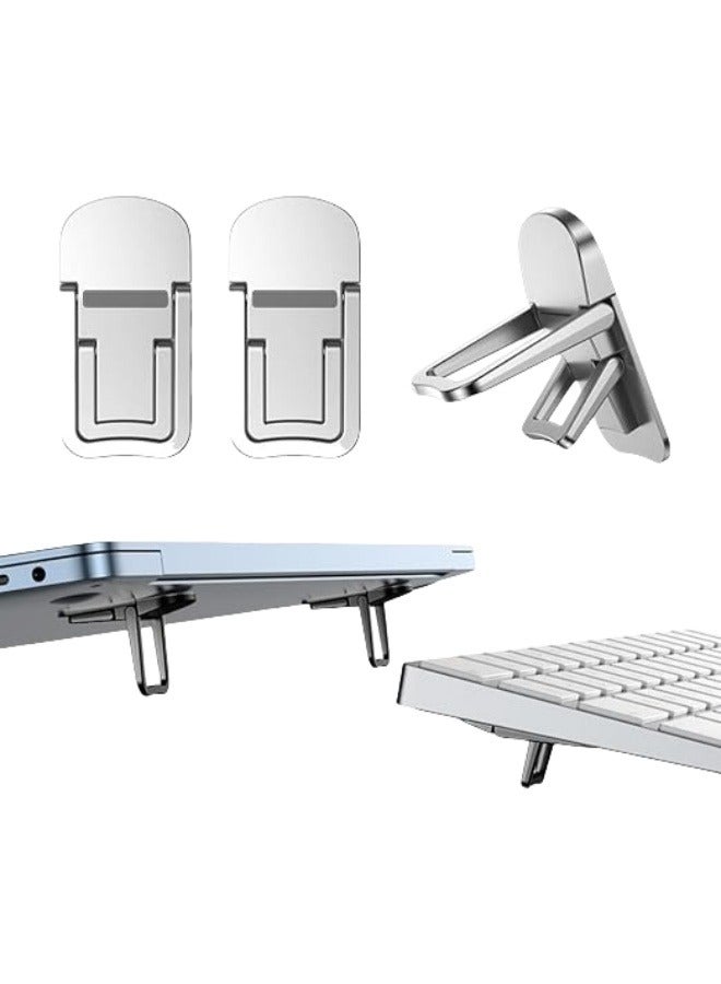 2PCS Zinc Alloy Mini Foldable Laptop Stand, Portable Computer Keyboard Riser with 2 Adjustable Angles, Self-Adhesive Invisible Notebook Stand and Keyboard Lift for Desk (Silver) - Image 1